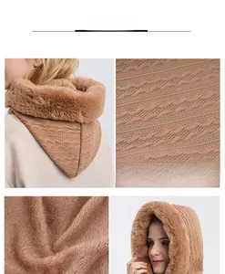 Detail view of cable knit winter hood with faux fur lining and high density warmth lining