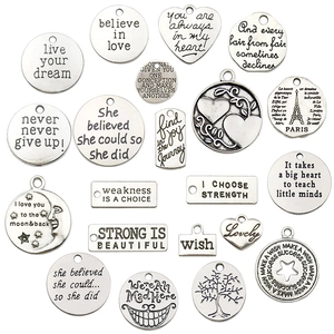 Inspirational silver zinc alloy charms in various shapes for DIY necklaces and bracelets