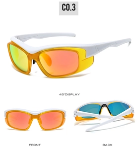 Three views of sports sunglasses showing front, back, and 45-degree angle in white frame