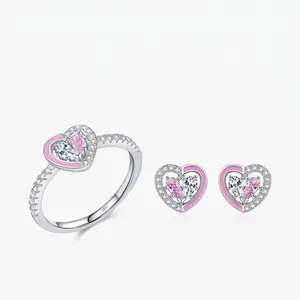 925 Sterling Silver Heart Jewelry Ring And Stud Earrings Romantic Pink Enamel Pear Zirconia Sweet For Women Gift