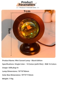 Detail view of mini USB sunset lamp with RGB lighting modes and specific dimensions