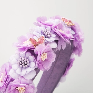 Sparkling camellia floral headband with lavender petals and glittery alloy butterflies
