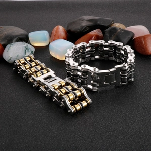 Wide bicycle chain style stainless steel bracelets in silver and gold-tone finish