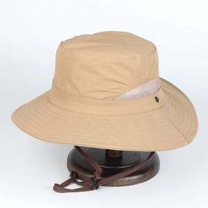 Men's khaki wide brim sun hat with breathable mesh and adjustable chin strap for fishing