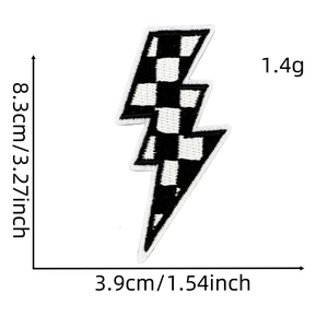 Checkboard lightning bolt embroidered patch for jackets and hats with size dimensions