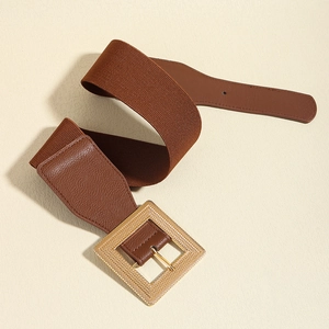 Macro detail of brown elastic waist belt with large textured gold square buckle