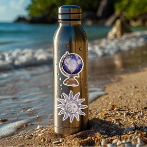 Waterproof cartoon stickers on a stainless steel bottle with water drops on a beach