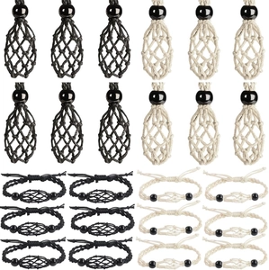 Ensemble de colliers et bracelets tissés à la main en noir et beige pour pierres