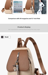 Detail showing khaki and brown backpack capacity fitting a 9.7 inch iPad and A4 magazine