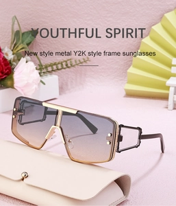 Y2K punk metal sunglasses with gradient lenses and a textured cream leather eyewear case