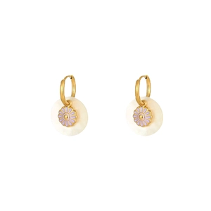 Elegant gold titanium steel earrings with white shell pendants and purple enamel flower details