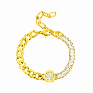 Gold titanium steel bracelet with pavé crystal chain and Roman numeral round charm
