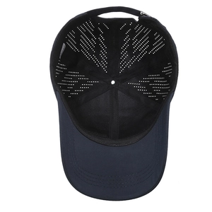 Navy blue breathable baseball cap with laser-cut perforations and quick-dry fabric