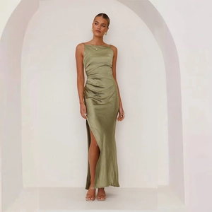 Olive green satin midi dress with spaghetti straps and high slit side for women