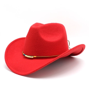 Red wool felt cowboy hat with ethnic beaded leather band and wide curved brim