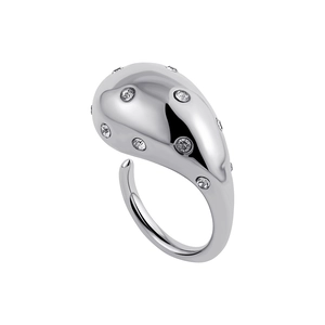 Macro shot of silver teardrop ring with sparkling cubic zirconia on white background