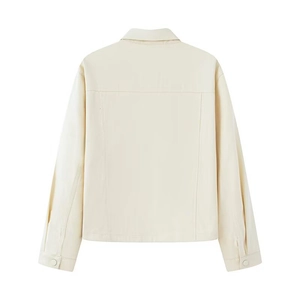 Cream white loose casual jacket for women with long sleeves and lapel collar back view