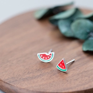 Cute S925 sterling silver red watermelon stud earrings in fresh summer style