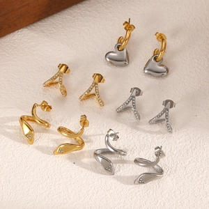 Elegant Stainless Steel Earrings For Women Geometry Letter A Heart Snake Shape With Cubic Zirconia Sparkly Fashion Jewelry