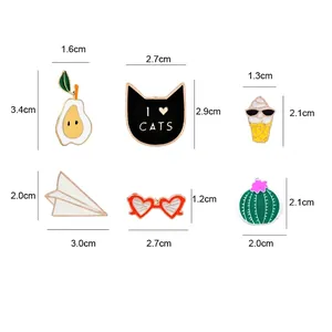 Set of 6 colorful enamel pins including cactus ice cream and cat patterns with size details