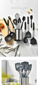 Close-up of 12-piece silicone kitchen utensil set with stainless steel handles and holder