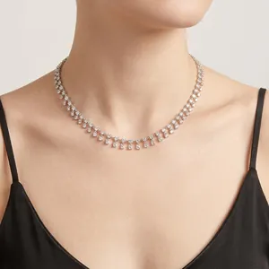 925 Sterling Silver Geometric Zirconia Pendant Necklace For Women Elegant Banquet Party Jewelry With Round Bead Chain