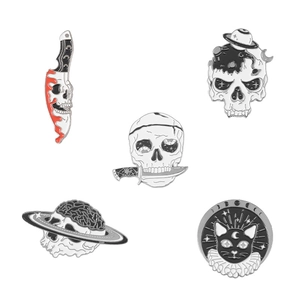 Gothic enamel pin set with skull, moon, and black cat designs in dark metal finish