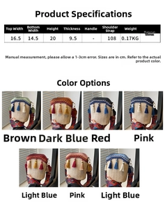 Detailed size specifications for a mini woven bucket bag with multiple color options