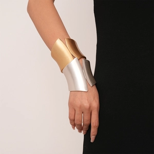 Minimalist wide geometric metal open cuff bracelets in matte gold and silver finish