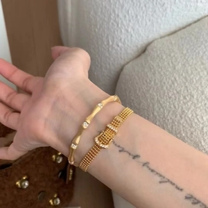 14K gold plated horseshoe buckle and bamboo style bangles with zircon inlay for women