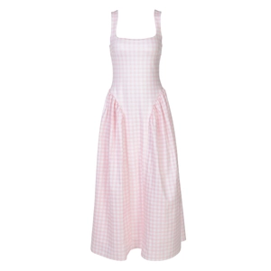 Flat lay of pink and white plaid A-line dress with square neck and pleated hem detail