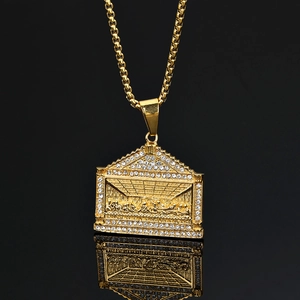 Vintage 316 Stainless Steel Last Supper Relief Pendant Only Without Chain For Men Women Rhinestone Inlaid Hip Hop Religious Jewelry