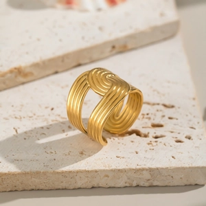 Minimalist 18K gold-plated adjustable open ring with textured spiral wave design