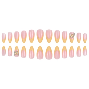 Pink and yellow French press-on nails with luxury 3D rhinestone butterfly accents