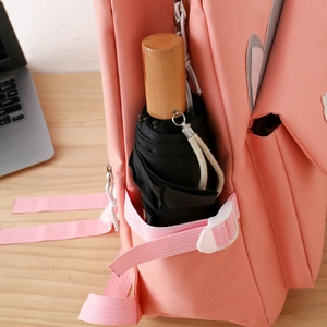 Detailed view of pink backpack side pocket with an umbrella and secure buckle strap