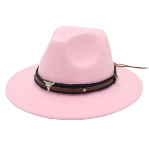 Pink wide brim felt fedora hat featuring a silver bull head metal badge and leather trim