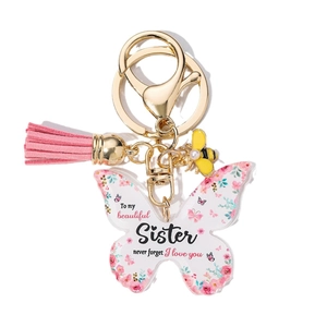Acrylic butterfly keychain with pink tassel and bee charm for beautiful sister gift