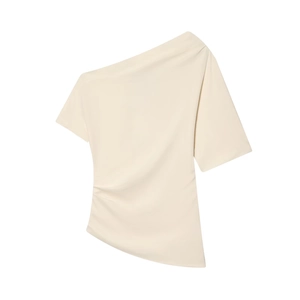 Damen Asymmetrische Einzelschulter Bluse Polyester Satin Falten Geraffte Seite Kurzarm Mode Lässiges Einfarbiges Oberteil