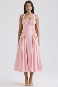 Close-up of pink halter midi dress featuring corset boning and pleated drawstring bust detail