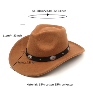 Brown wool cowboy hat with decorative metal studs and specific size measurements