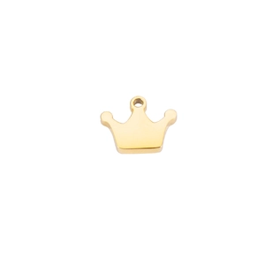 Polished gold crown charm pendant with top loop for DIY jewelry making on white background