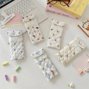 Padded cartoon glasses pouches with cute bear prints and soft quilted fabric design