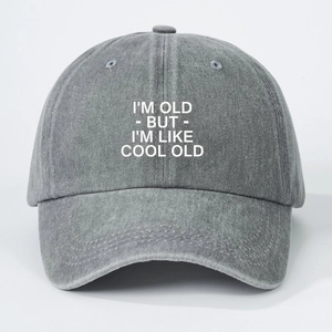 Classic washed denim baseball cap in gray featuring a humorous white printed slogan