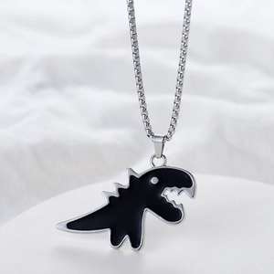 Hip hop titanium steel necklace featuring a black dinosaur pendant with silver trim