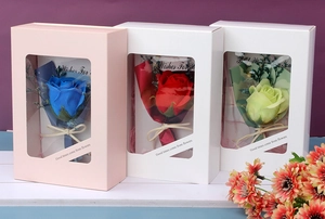 Detailed soap flower gift boxes in red blue and green with elegant window packaging