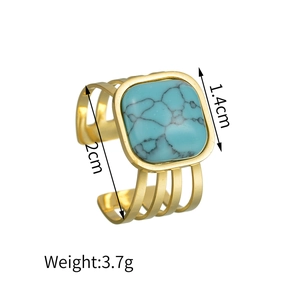 Gold multi-layer stainless steel ring with square turquoise gemstone, 2cm height band