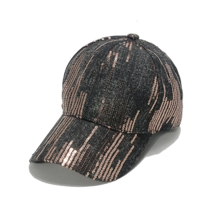 Deep grey denim baseball cap with rose gold sequins in a sparkling striped pattern