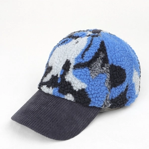 Detail of warm patchwork baseball cap with soft fleece crown and corduroy brim