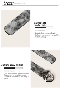 Detail of vintage black PU leather belt featuring cracked texture and oval alloy buckle