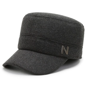 Winter thermal flat top cadet hat in dark grey wool blend with metal N decoration